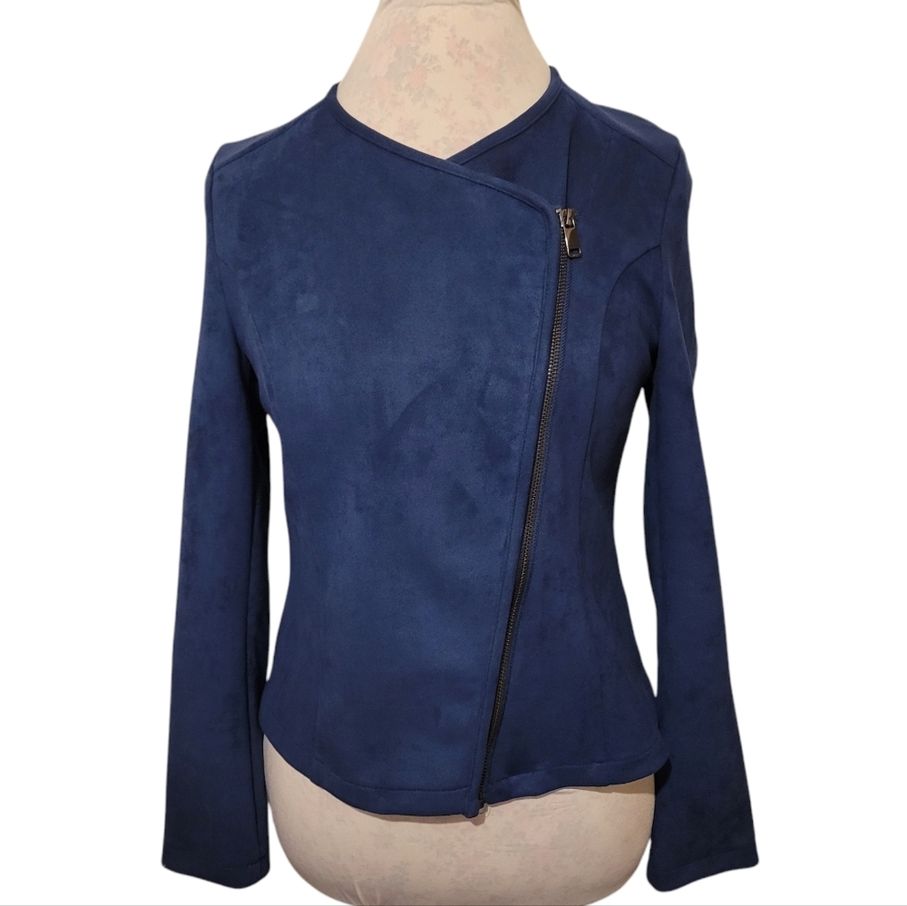 Noir Womens Blue Faux Suede Asymmetric Zip Moto Jacket - NWOT